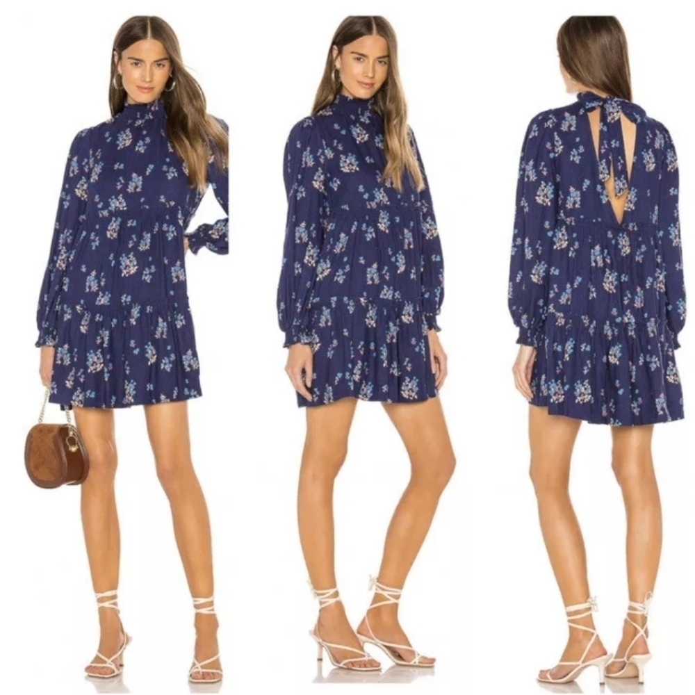 Free People Blue Smocked Neck Tie Back Floral Mini Dress. Size L